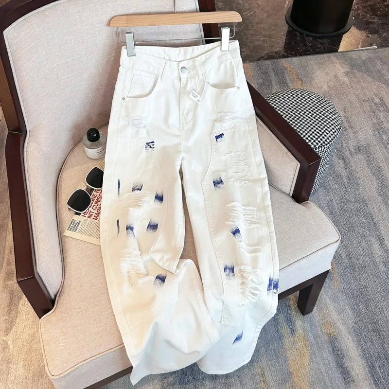 

White Cow High Waist Jeans For Women'S 2023 Summer New Design Sense Heavy Industry Speckled Ink Tie Dyed Broken Hole Graffiti Br