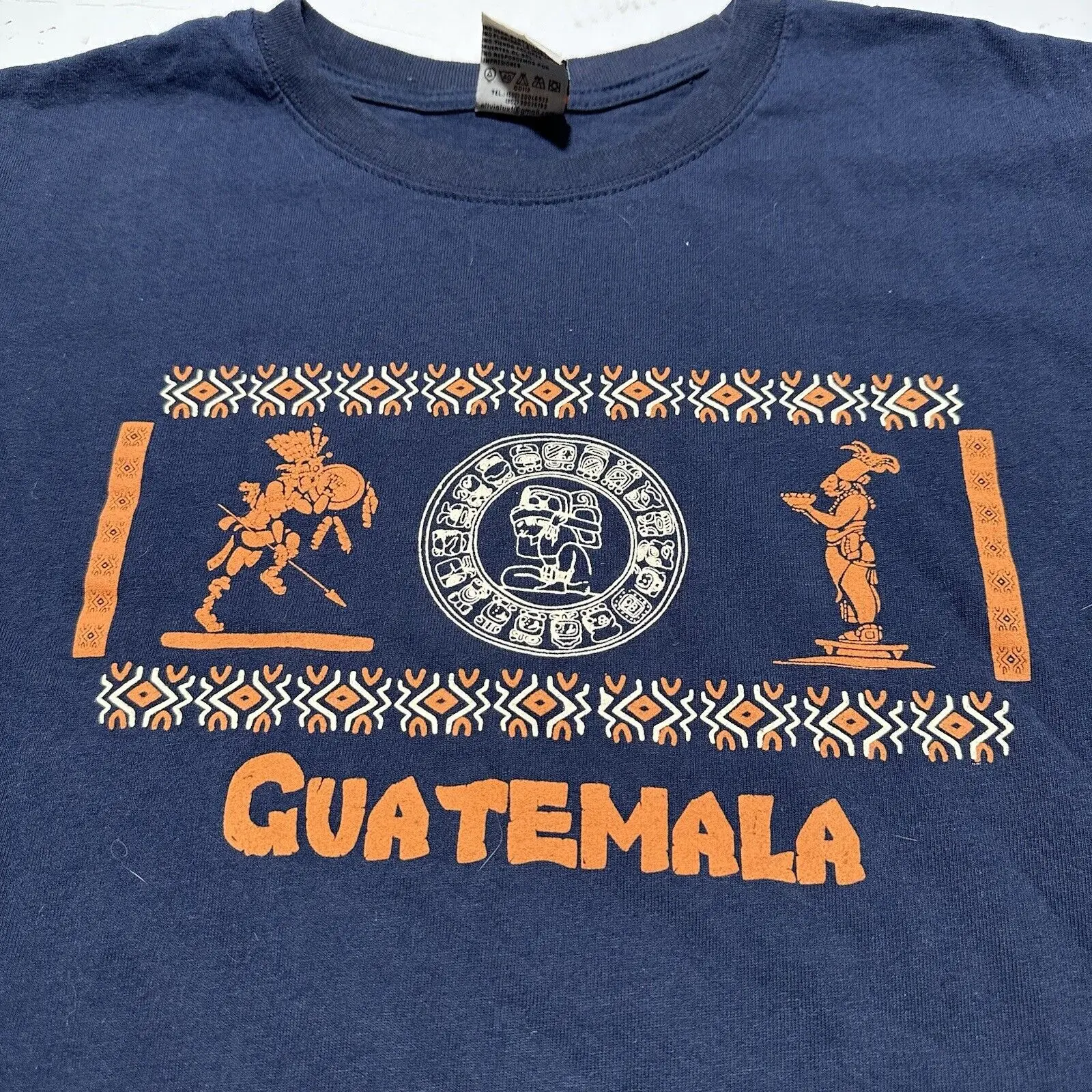 T-Shirt Vintage Guatemala Da Uomo Xl Blue Tribal Aztec Maya Art Spell Out Logo