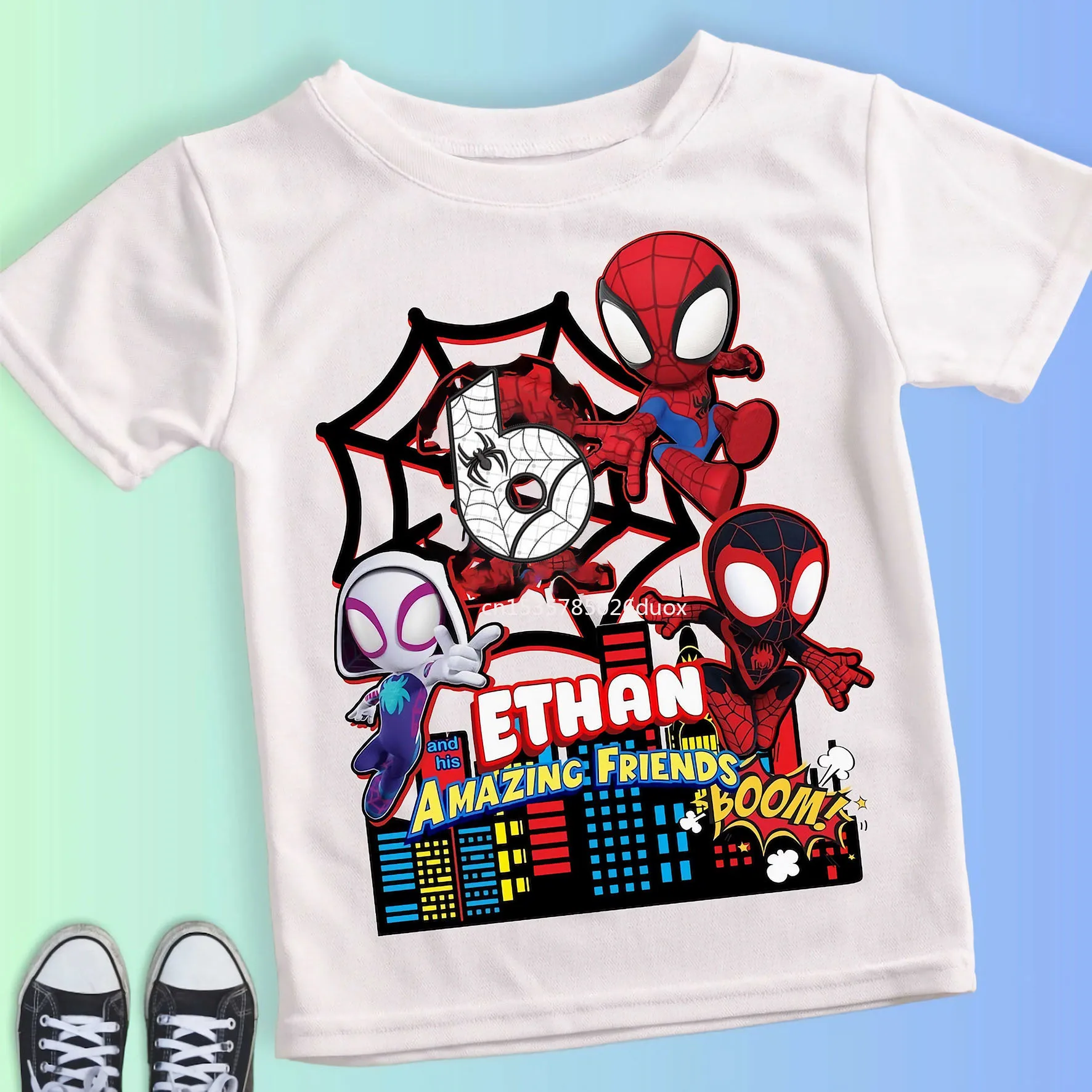 Summer Kid 2 3 4 5 6 7 8 9 Spider Man and His Friends Birthday White Shirt Spider-Man Customized Name Birthday Party Boy T-shirt 4