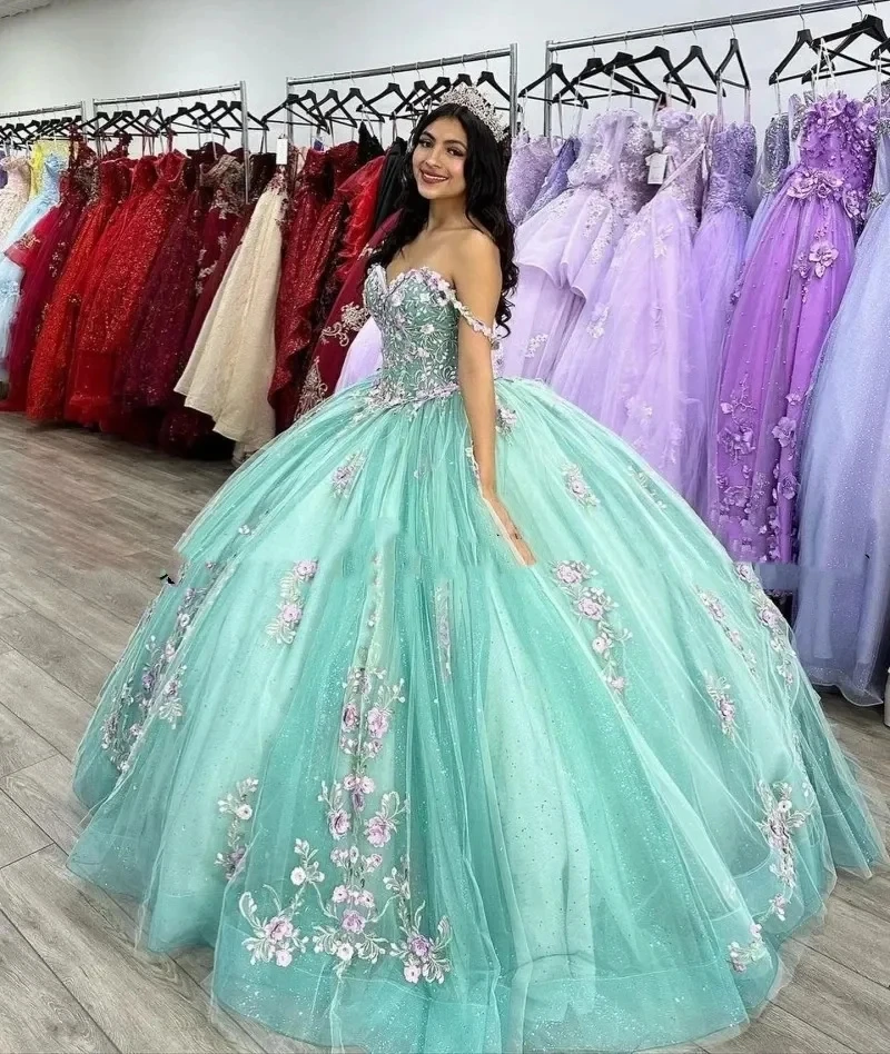 ANGELSBRIDEP Princess Mint Quinceanera Dresses Off Shoulder 3D Applique Vestidos De 15 Anos Ball Gown Sweet 16 Princess Party
