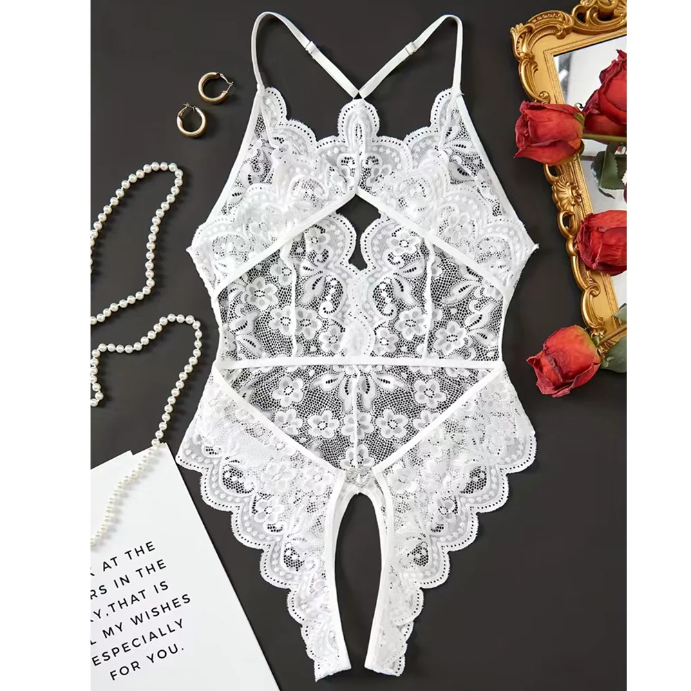 Sexy Lingerie Lace Transparent One Piece Bodysuit For Women Hollow Out Underwear Lace Up Teddy Erotic Lingerie Babydoll Leotards