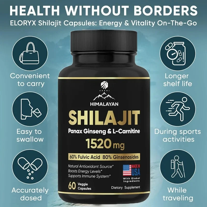 Shilajit Resin Supplements Pure Himalayan Shilajit Supplement 60 Capsules 60% Fulvic Acid 85 Trace Minerals Containing Ginseng and L-Carnitine