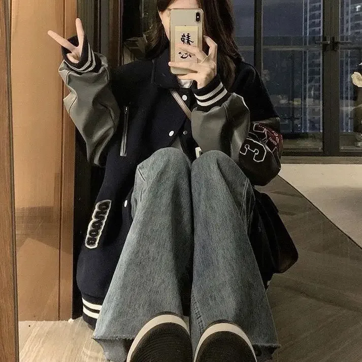 스티치 스탠드업 칼라 야구 유니폼, Y2K 레트로 루즈한 용수철, 가을 하이엔드 자수 야구 유니폼, 2024 새로운 스타일
