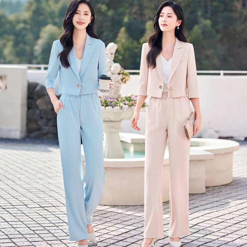 

2024Spring and Summer New Blue High-End and Fashionable Casual Wide-Leg Pants Suit Women's Small Short Suit