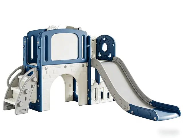 8-in-1 Toddler Play Tunnel & Slide Set – Blue, Single Box, Kids Indoor Outdoor Playground Climber with Basketball Hoop, Rocking