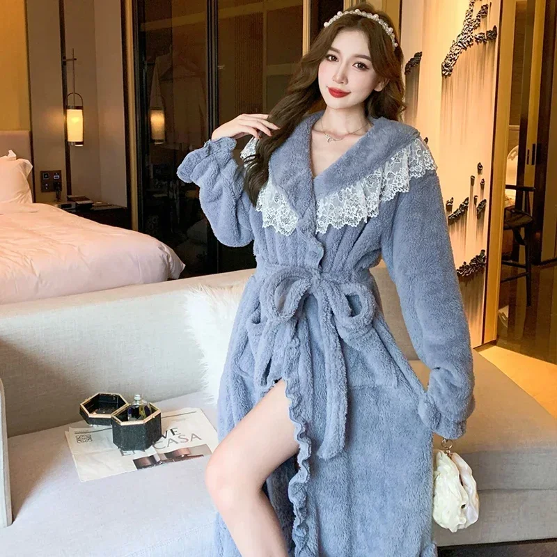 

2023 Winter Long Sleeve Thick Warm Flannel Kimono Robes for Women Cute Lace Bathrobes Sleepwear Bath Robe Nightdress Night Dress