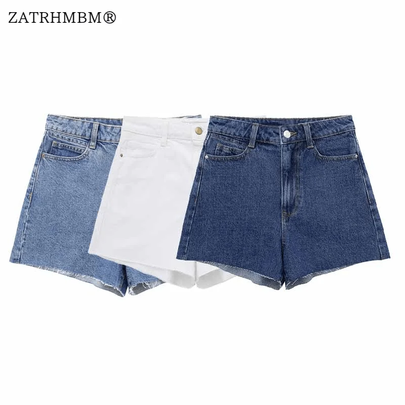 

ZATRHMBM 2023 Multicolor Denim Summer Shorts For Women Vintage Side Pockets Zip Fly High Waist Female Short Pants Mujer