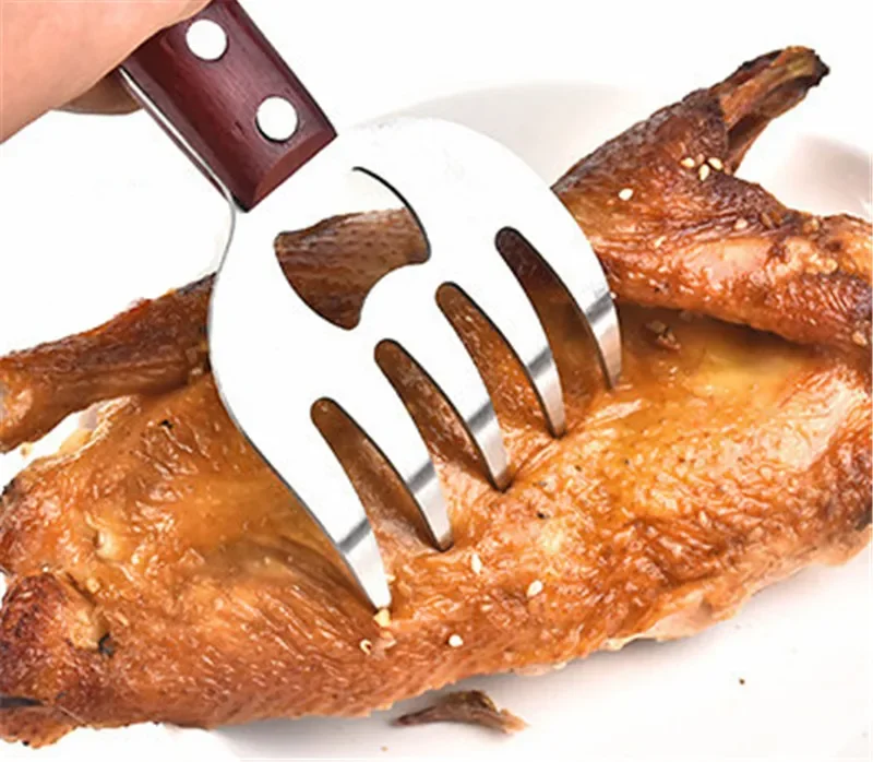 2 pcs BBQ Accessories Wooden Handle Claw Meat Dividing Machine Stainless Steel Cooked Chicken Cutter Tearing Kitchen meat Tool
