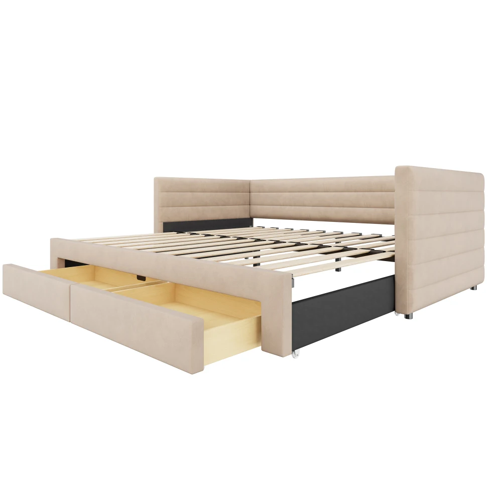 90x190cm Polsterbett, 3-in-1 Ausziehbares Schlafsofa, Multifunktionsbett, mit Schubladen und Gitter, Baumwolle und Leinen, ohne Matratze – Detail 14
