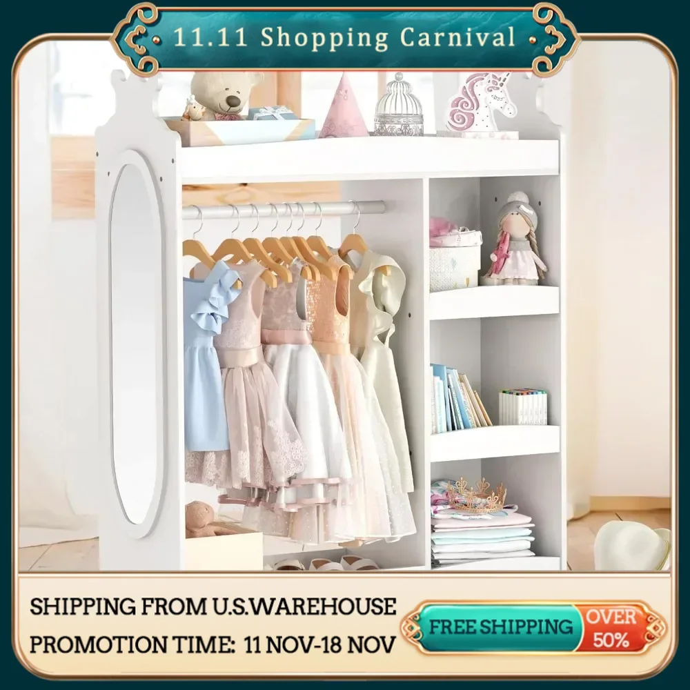 Kids Dress-up Storage with Mirror, Childrens' Wardrobe with 3 Hooks, Kids Closet for Girls Boys, Armoire Costume Organizer