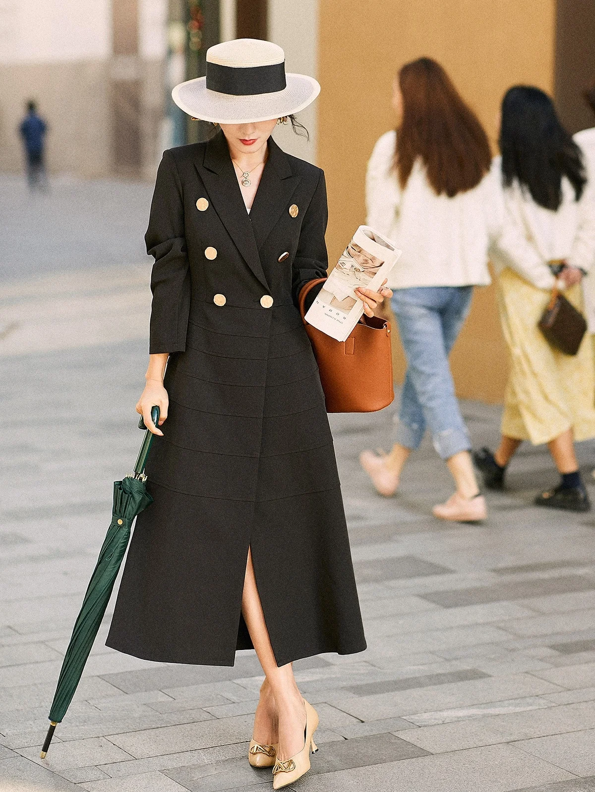 

Polo collar temperament dress style dual purpose small fragrant wind jacket for women high-end mid length black windbreaker