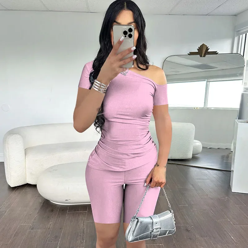 Solid Elegant Shorts Set Women Two Piece Set Summer Clothes Off Shoulder Short Sleeve Top and Shorts Casual Matching Sets Outfit