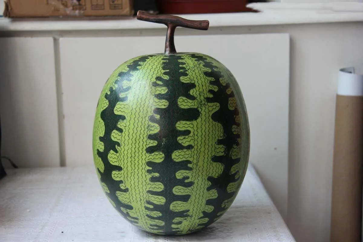 

12 Palace Copper Handwork Enamel Cloisonne Green Color Lucky Watermelon Statue