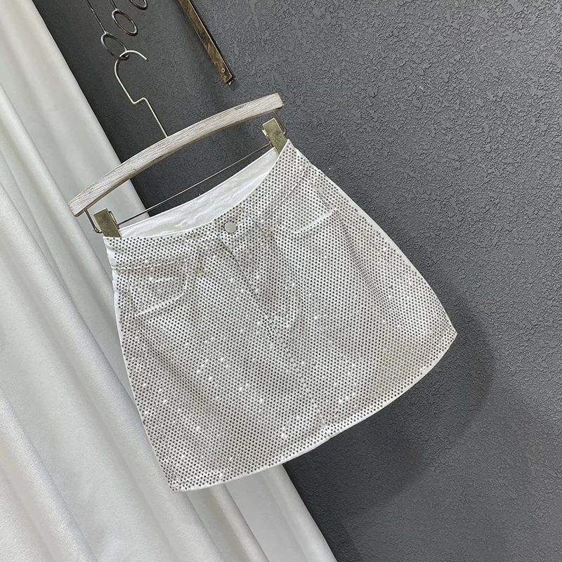 Personality Diamond Splice A-line Denim Skirt for Women's Streetwear High Waist Solid Color Slim Wrap Hip Skirts Female Summer