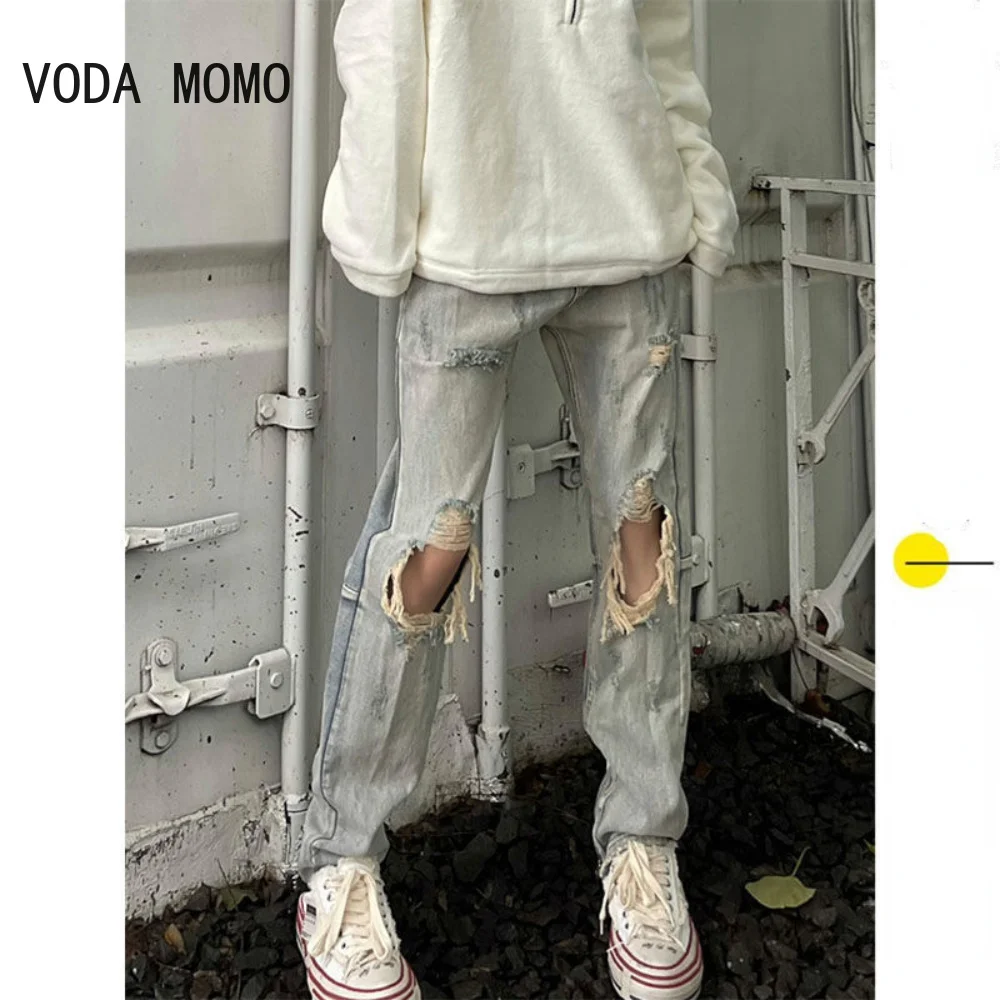 High Street Ripped Jeans Male Ins Tide Brand Hip-Hop Wide-Leg Pants Summer Thin Section Straight Loose Casual Old Pants