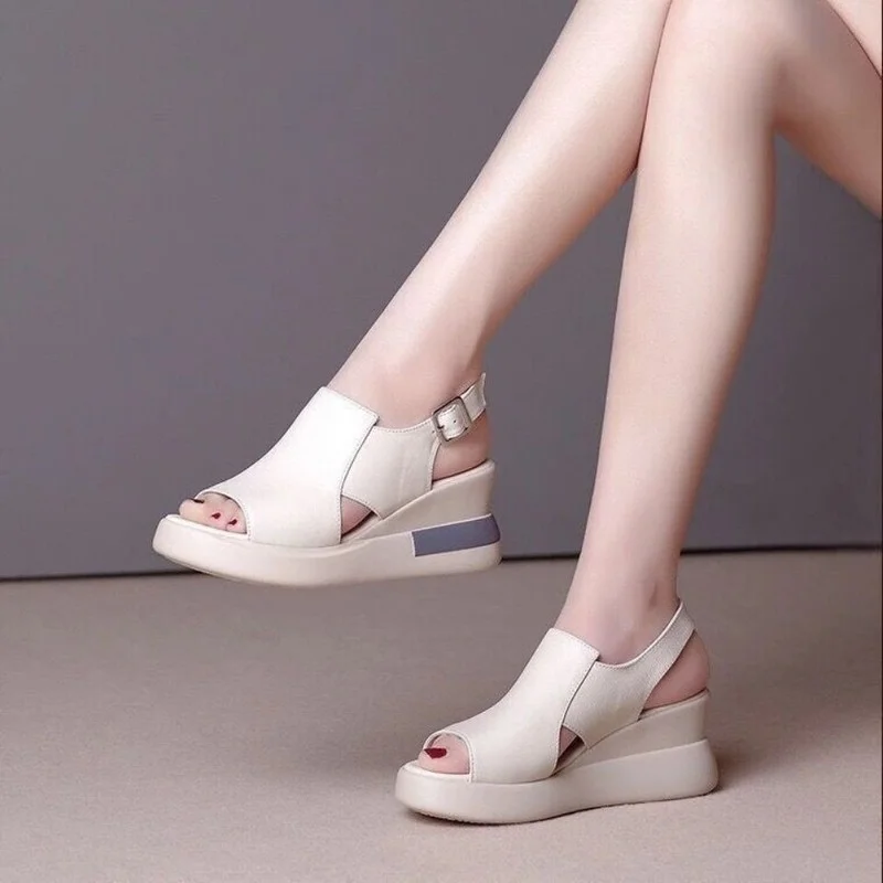 

Nice Summer Pop Thick-soled Wedge-heeled Women Sandals Wear A Word Buckle Strap Solid Color Open Toe Comfortable Women's Shoes