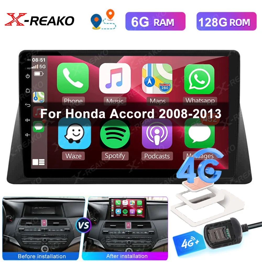 

X-REAKO 2 Din 4/8 Core автомобильное радио Android 12 Carplay для Honda Accord 8 2008-2013 мультимедийный плеер GPS Navi Stereo RDS Bluetooth