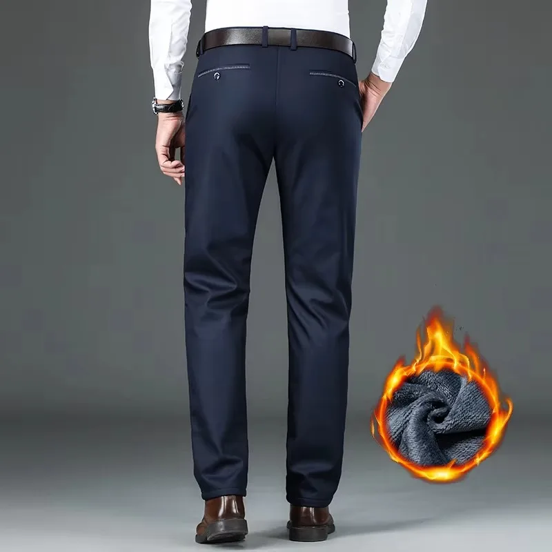 Winter New Flannel Thick Men's Casual Pants Fleece Navy Black Business Straight Slim Stretch Warm Plush Trousers Male 5