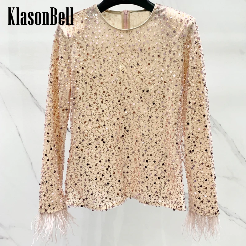 

12.7 KlasonBell Heavy Industry Beading Sequins Cuff Ostrich Feather Detachable Temperament Mesh O-Neck T-Shirt Women