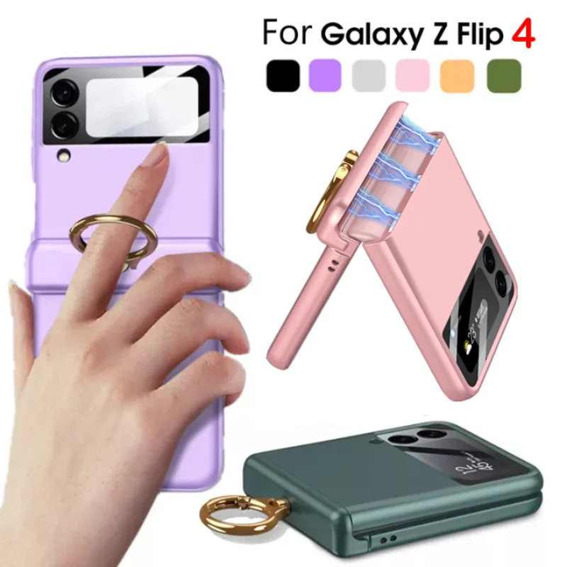 

2022 Luxury Case for Samsung Galaxy Z Flip 4 Flip4 5G Magnetic Hinge with Ring Buckle Camera Lens Protective Film on Z Flip 4