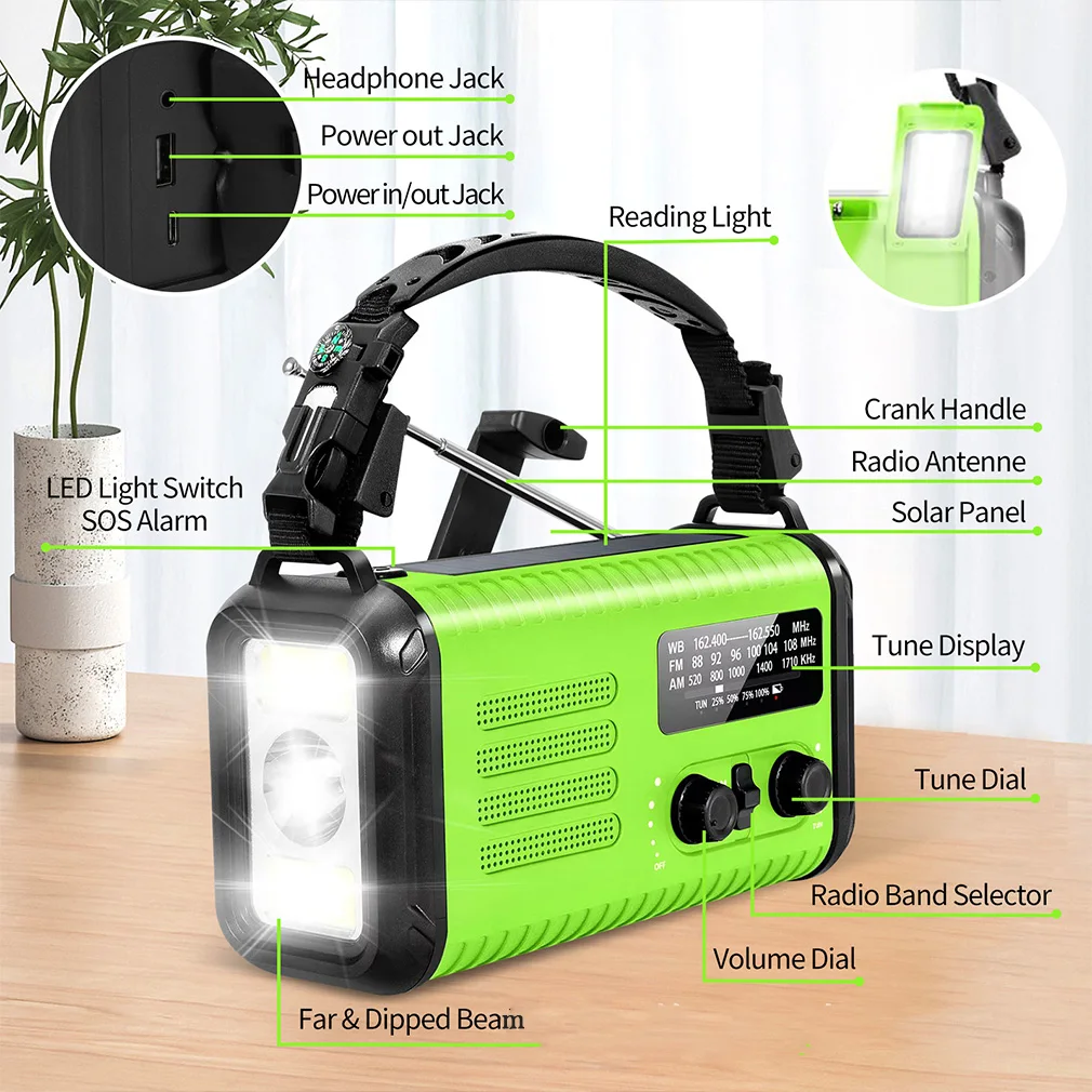 USB 충전식 비상 라디오 20000mAh 태양열 핸드 크랭크 발전기 라디오 날씨 AM/FM 라디오 SOS 알람 보조 배터리 손전등