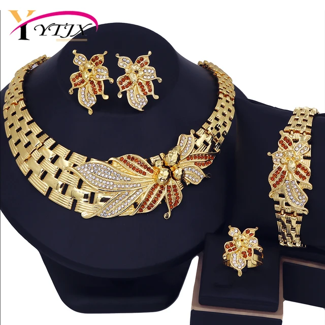 YTJX – ensemble de bijoux de mariage, collier ras du cou africain à grande fleur, Bracelet en Zircon fin, Piercing, boucle d'oreille, bague plaquée or 18 carats 1