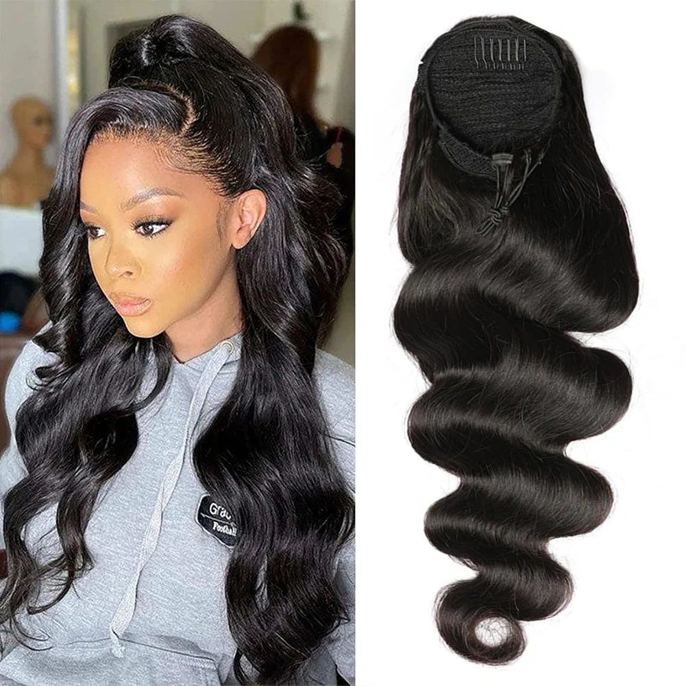 Kinky Curly Drawstring Ponytail Human Hair Extensions Brazilian Remy Straight 100% Human Hair Ponytail Natural Color With Clips