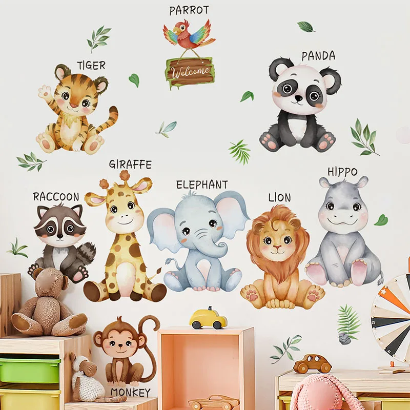 Cartoon Animal Lion Panda Children's Room Bedroom Wall Stickers Decor Living Room Background Animals Wall Sticker Decorative