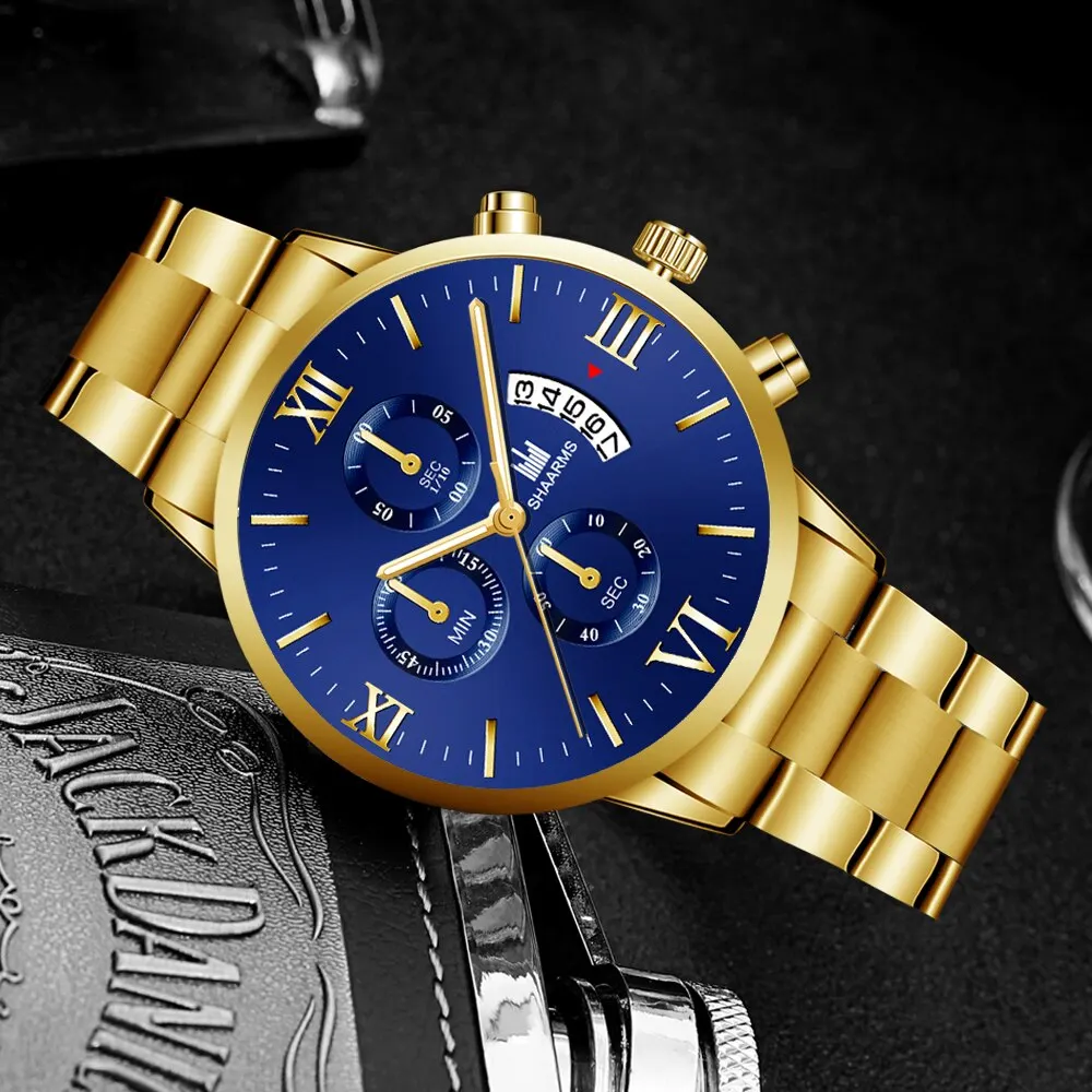 Quartz Watch Men's Fashion Business Stainless Steel Belt Three Eye Six Pin Calendar