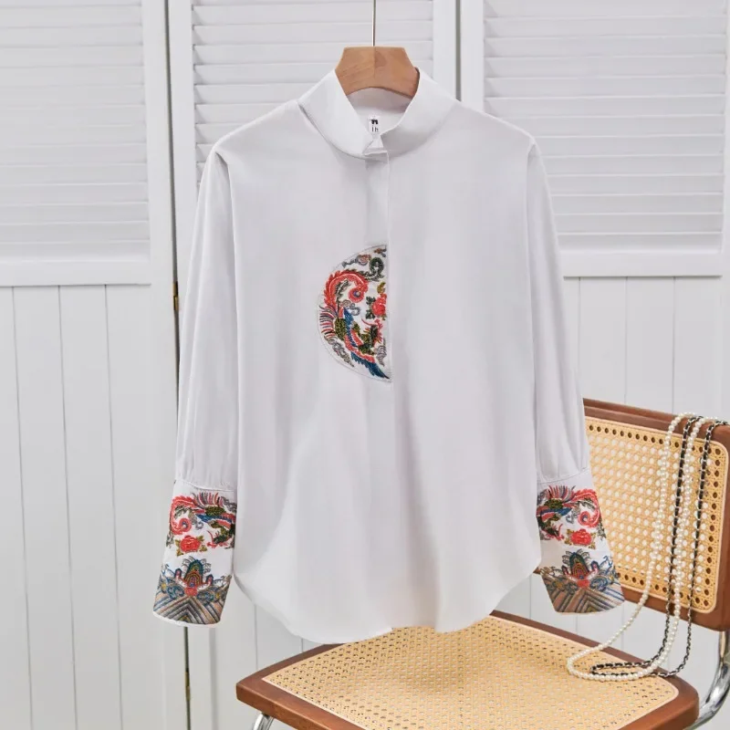 

YCMYUNYAN-Satin Embroidery Women's Shirts, Silk Blouses, Chinese Style, Ladies Clothing, Long Sleeves Tops, Fashion