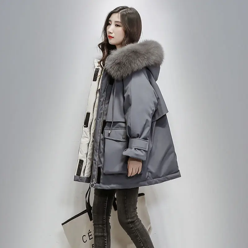 

Winter Jacket Women Large Natural Fox Fur White Duck Down Coat Thick Parkas Warm Sash Tie Up Zipper Down Snow Outerwear