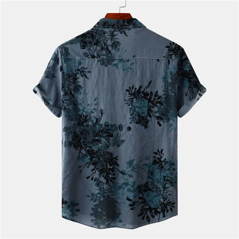 Camisa retrô floral havaiana masculina, casual marca, manga curta, camisa de praia de botões, roupa de férias diária, cinza, 2023