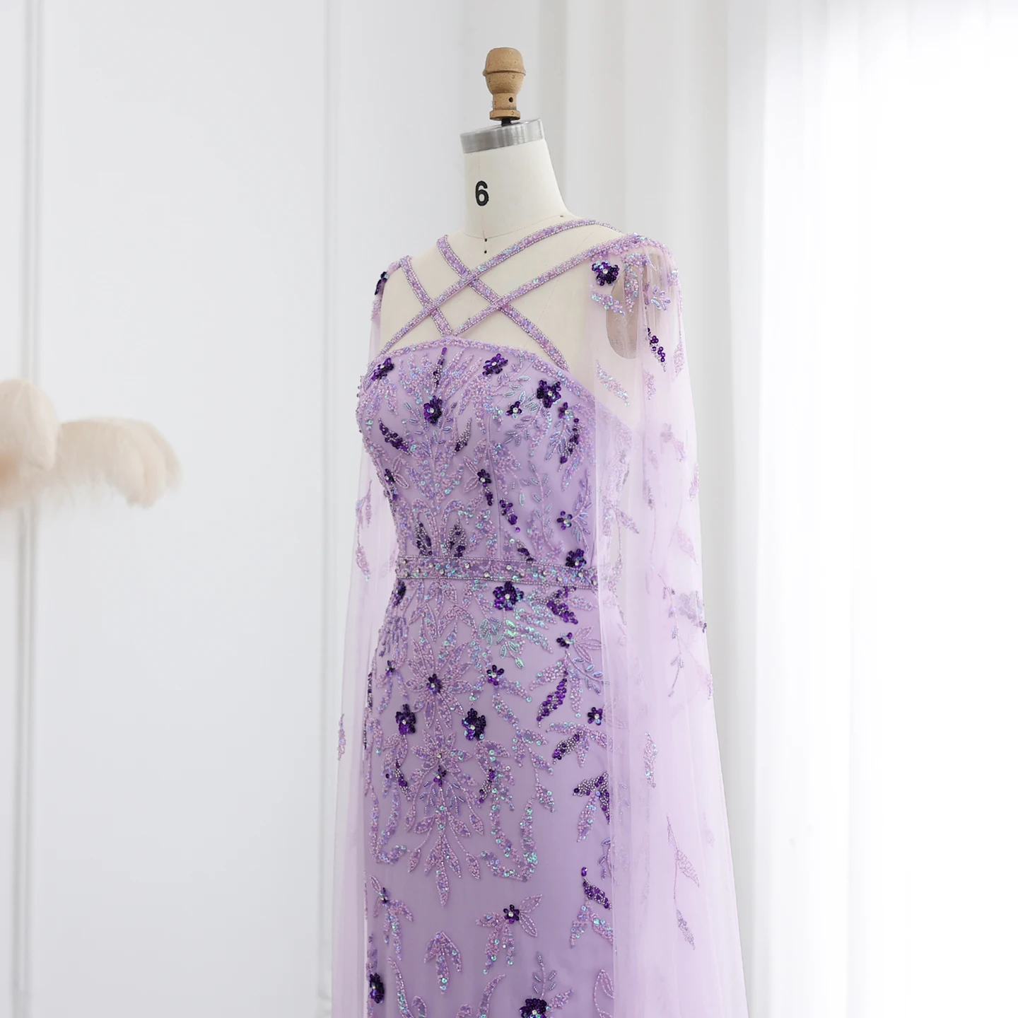Luxury Dubai Lilac Arabic Evening Dresses with Cape Sleeves Criss Cross Elegant Arab Women Wedding Party Gowns 370 5 Luxury Dubai Lilac Arabic Evening Dresses with Cape Sleeves Criss Cross Elegant Arab Women Wedding Party Gowns 370 5