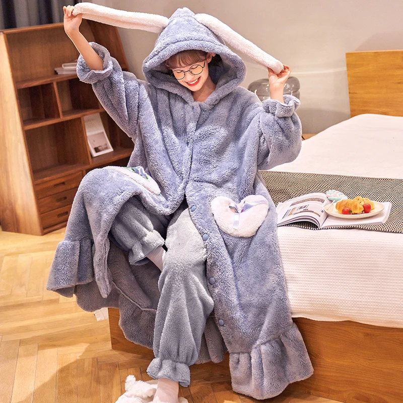 Cartoon Hooded Warm Winter Woman Bathrobe Coral Velvet Bathrobes For  Women's Plus Size Nightie Kimono Flannel Robe Dressing Gown