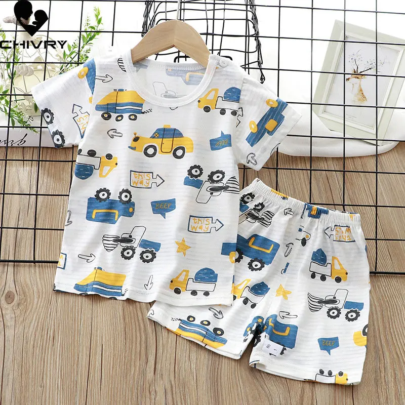 

Kids Summer Pajamas New 2023 Boys Girls Thin Breathable Cartoon Short Sleeve O-Neck Tops with Shorts Baby Sleeping Clothing Sets