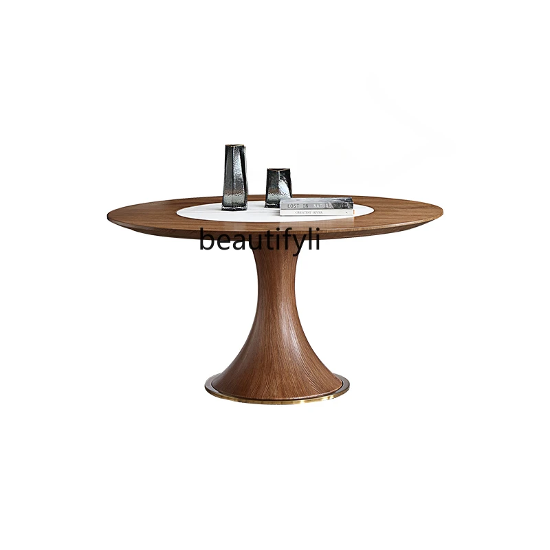 

Light Luxury Solid Wood round Dining Tables and Chairs Set Modern Minimalist Embedded Stone Plate Turntable Home Small Apartment