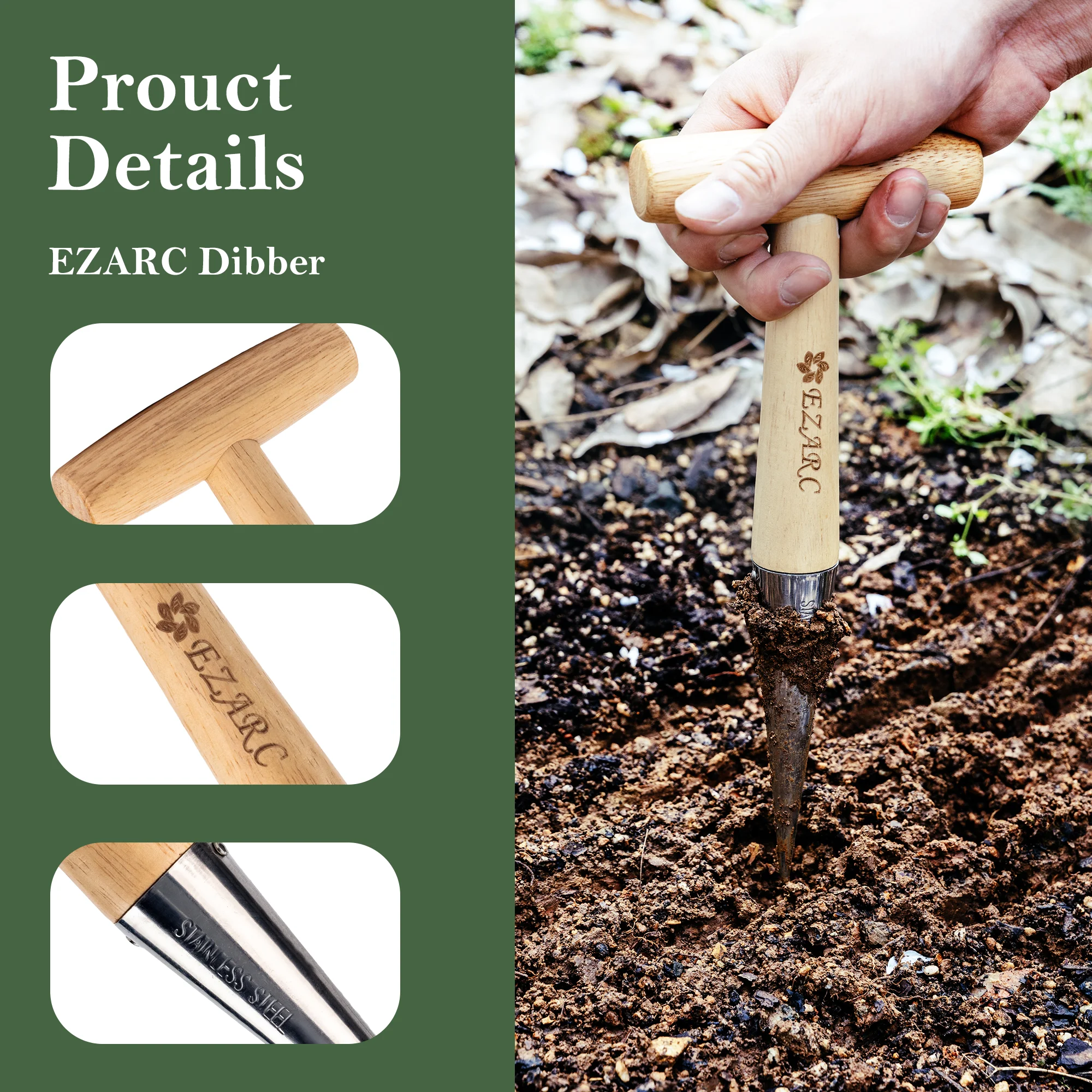 Manual Garden Seed Planter Tool - Wood Handle Dibber For Vegetables &  Flowers, 11" Length Dibbler Gardening Tool