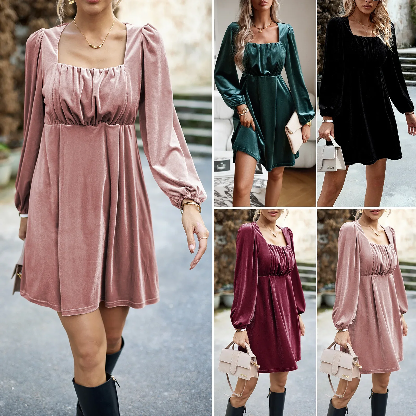 

Women Velvet Square Collar Dress Autumn and Winter Slim Mini Dresses Fashion Female Full Sleeve A-line Party Dresses Vestidoes