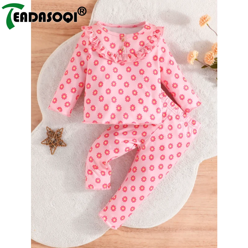 

3-24M Spring Autumn Newborn Infant Girls Clothes Outfit Kids Baby Neckline Button Long Sleeve Prints Shirt Top+Pants 2Pcs Set