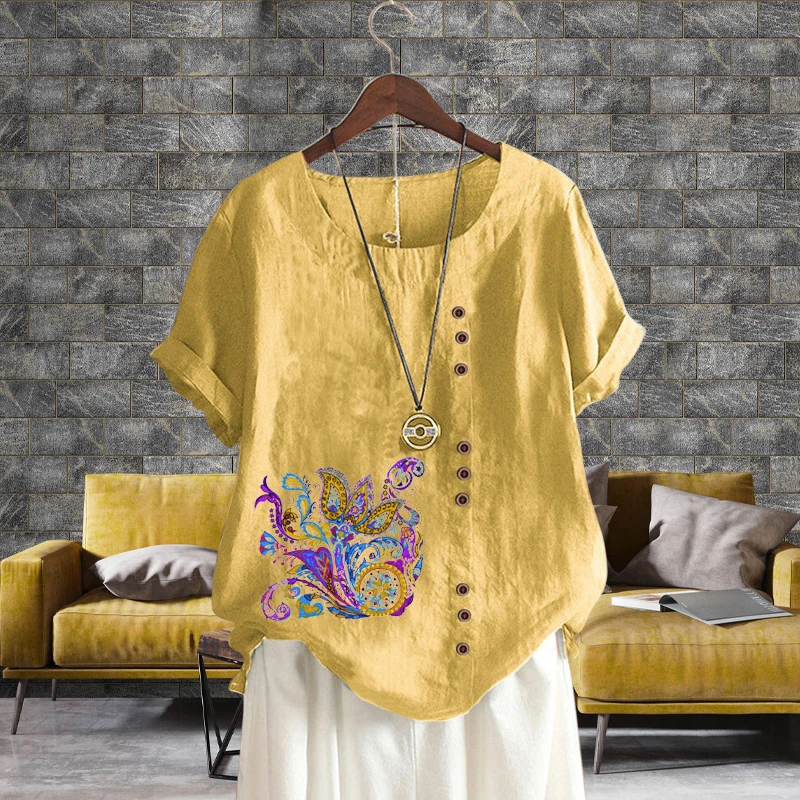 

New Summer Ladies 11 Colors Linen Blouse Personality Printed Loose T-shirt Breathable Round Neck Solid Short Sleeve Top XS-5XL