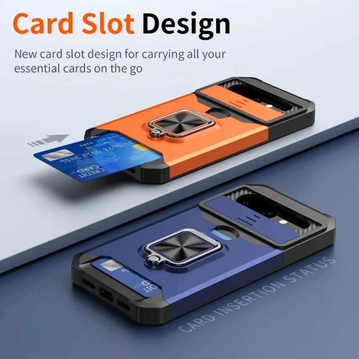Card Slot Ring Holder Kickstand Armor Phone Case with Slide Camera Cover