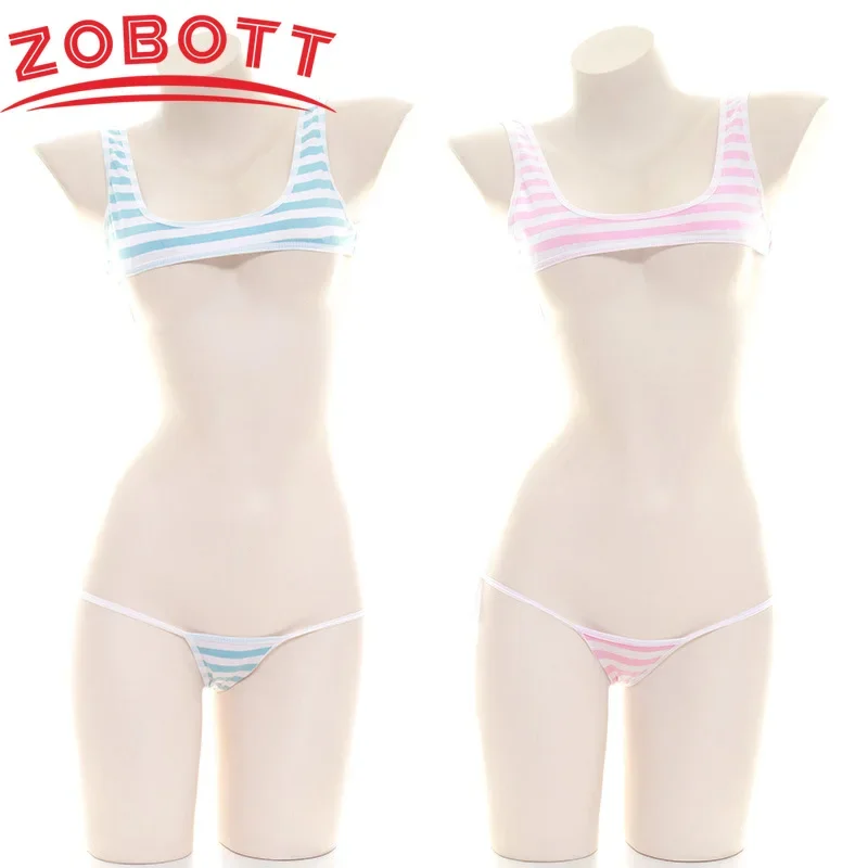 Women Lingerie Japanese Sexy Lolita Kawaii Blue Pink Striped Mini Bikini Adult Cosplay Costume