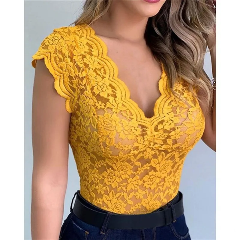 Women Lace Deep V Neck Sleeveless Summer Blouse