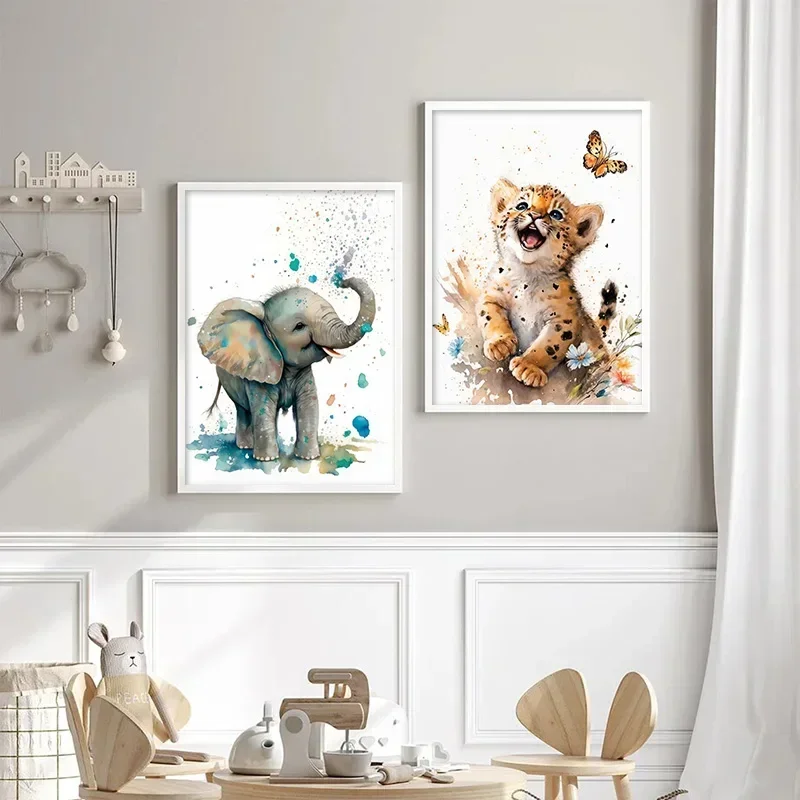 Elephant Panda Tiger Koala Cat Cartoon Animal Watercolor Posters Nursery Canvas Painting Wall Art Print Pictures Baby Room Decor 5