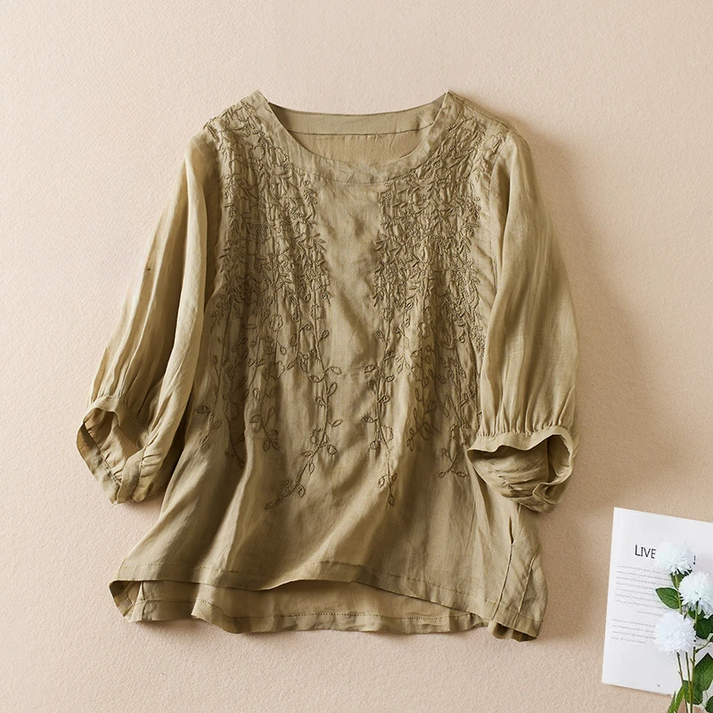 

Cotton Linen Women's Shirt Summer 2023 New Embroidery Vintage Blouses Loose Short Sleeves Top O-neck Ladies Clothing YCMYUNYAN