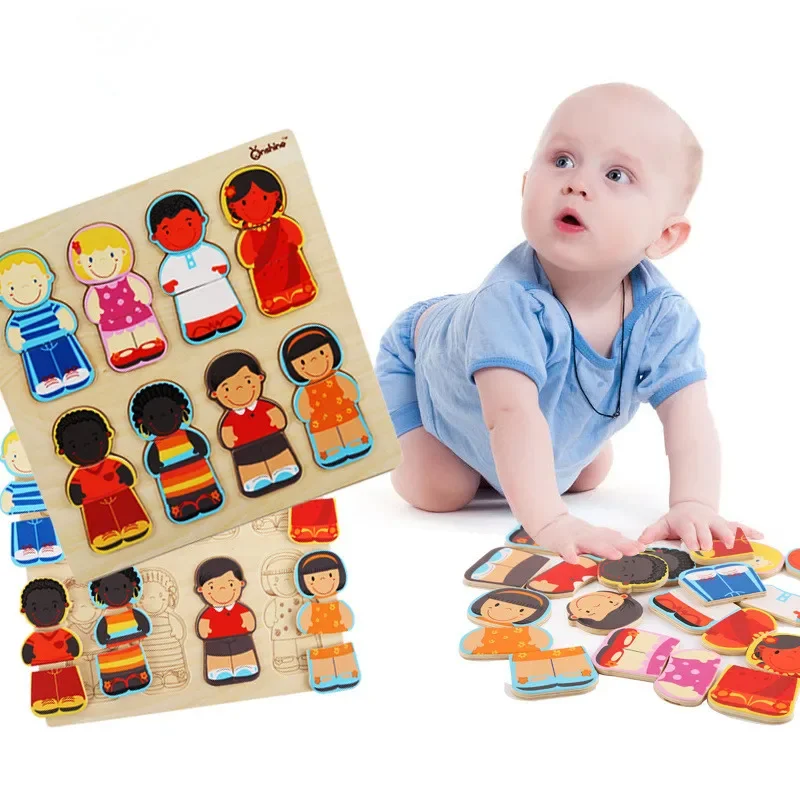 [Funny] Wooden puzzle Racial cognition Figure puzzle piece toy play house Toys kid's early education toys baby birthday gift