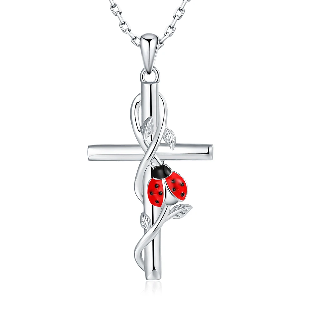 925-Sterling-Silver Cross Cute Ladybug Necklace for Women Religious Pendant Jewelry Birthday Gift Teen Girls Daughter Mother |