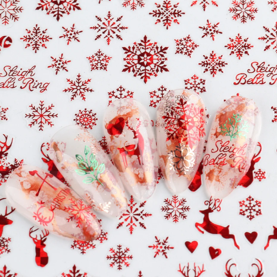 Nail Stickers Nail Art Decoration Nail Decals Holographic Red Christmas Nail Sticker Shine Glitter Snowflake Elk Santa Claus Transfer Slider Winter 3D Decal SASTZG050-058
