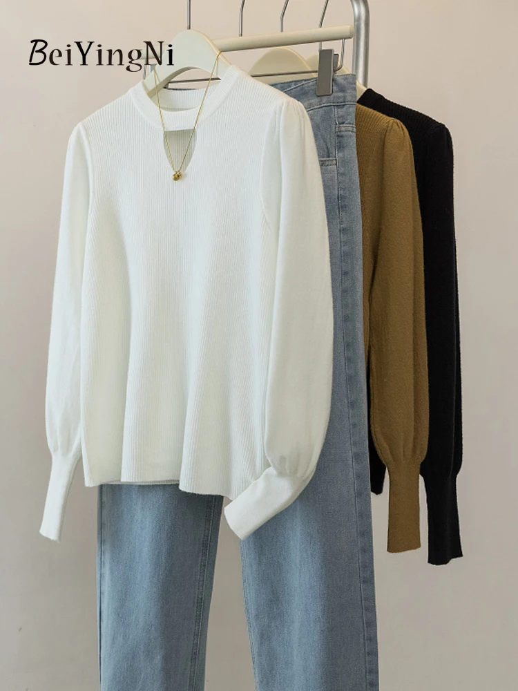 

Beiyingni 2023 Fashion Sweater Women Solid Color Hollow Out Autumn Winter Knitted Pullovers Ladies Luxury White Soft Warm Tops