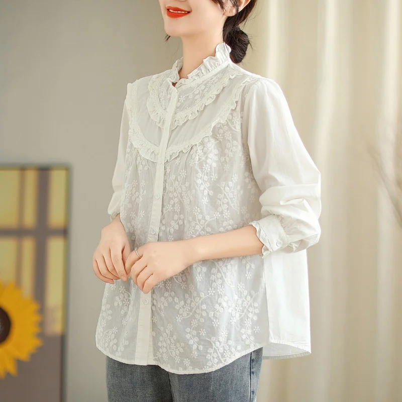 

Элегантные блузки для женщин 2024 Весенняя хлопковая белая рубашка с воротником-стойкой и длинным рукавом кружевная вышивка женская одежда в Корейском стиле